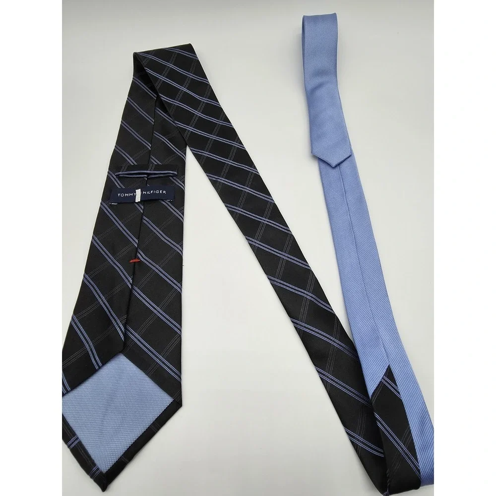 Tommy Hilfiger 100% Silk Necktie Light Blue Black Plaid Long Tie 64